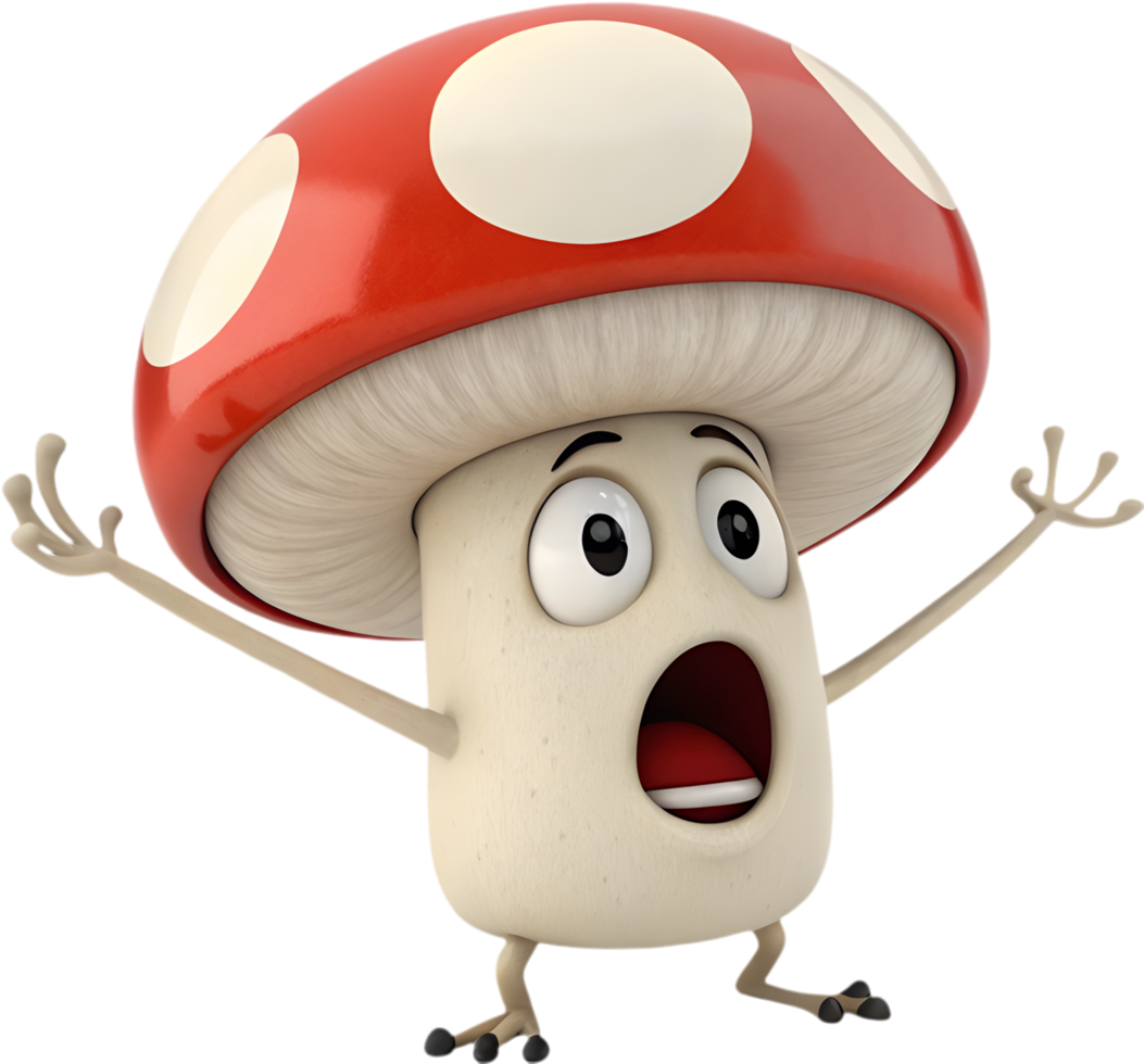 Cheerful animated mushroom character with fun expression and emotions. . png