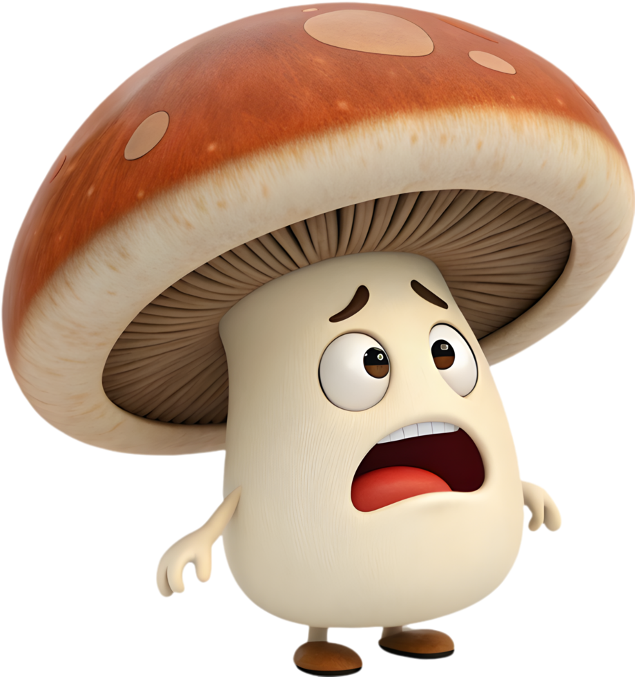 Quirky animated mushroom character with expressive emotion design. . png