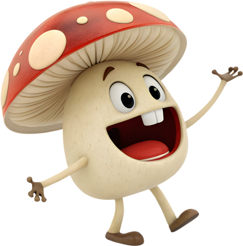 Cheerful animated mushroom character with whimsical fun emotions. . png