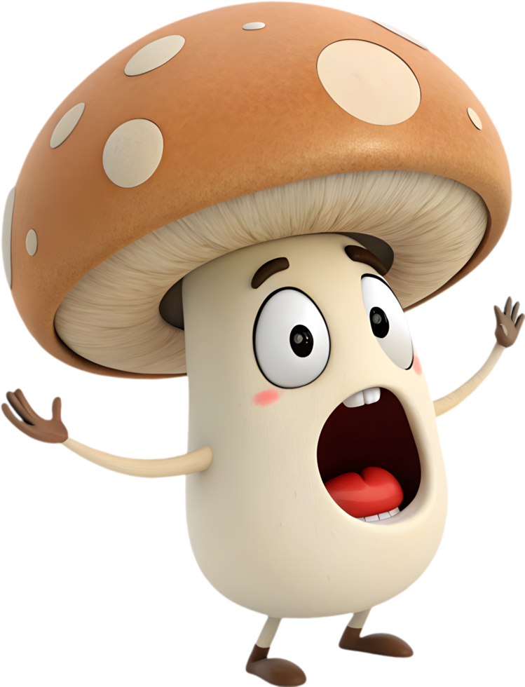 Cartoon mushroom character with whimsical expressive emotions design. . png