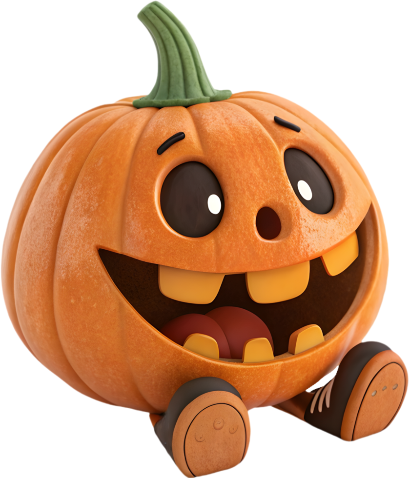 Exaggerated cartoon pumpkin with cheerful face for spooky Halloween. . png