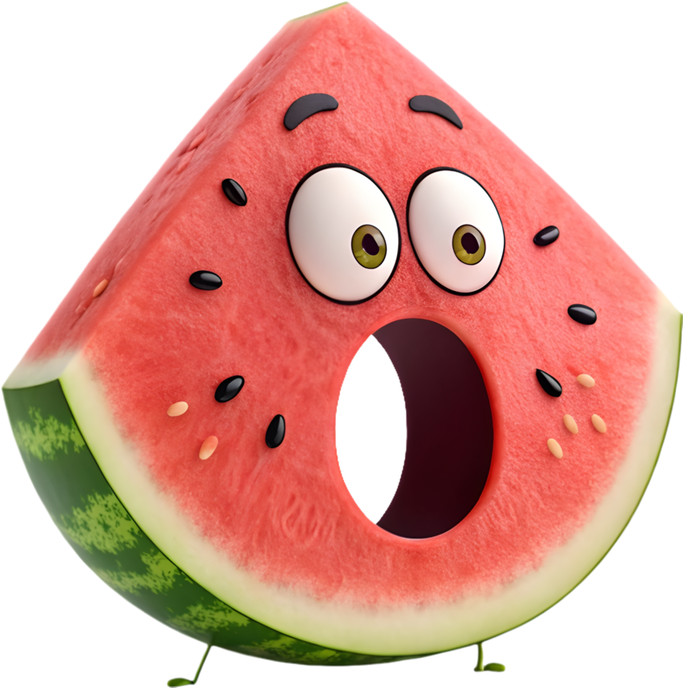 Funny watermelon with exaggerated face and vibrant emotional expressions. . png