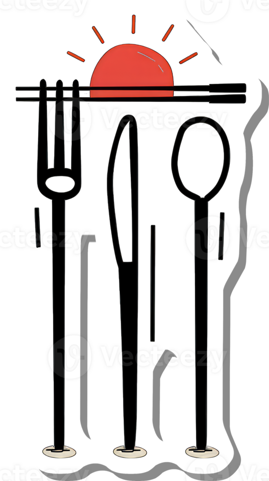 Sunset Dinnerware Setting Featuring Fork Knife Spoon Chopsticks png