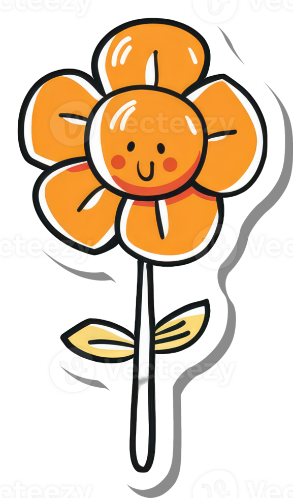 A happy orange flower with a simple stem and leaves png
