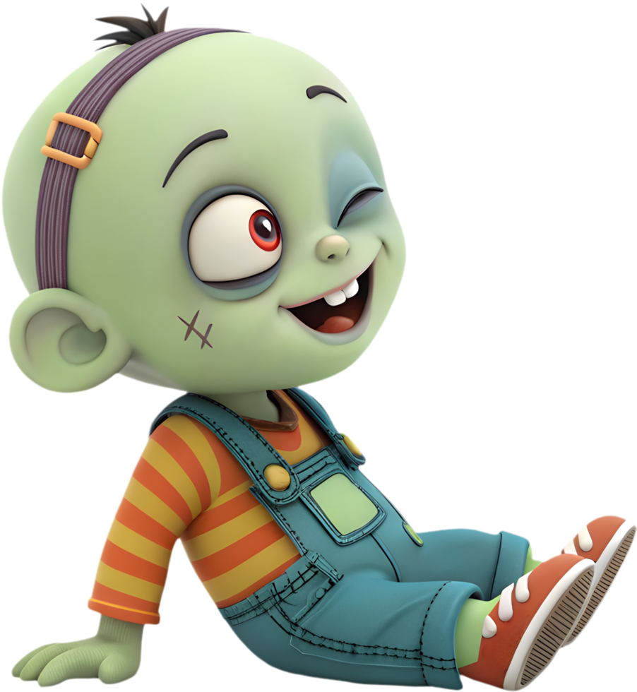 Playful baby zombie with exaggerated facial expressions and spooky art. . png