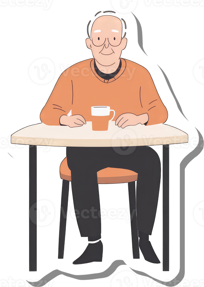Elderly Man Sitting At Table With A Mug Of Tea png