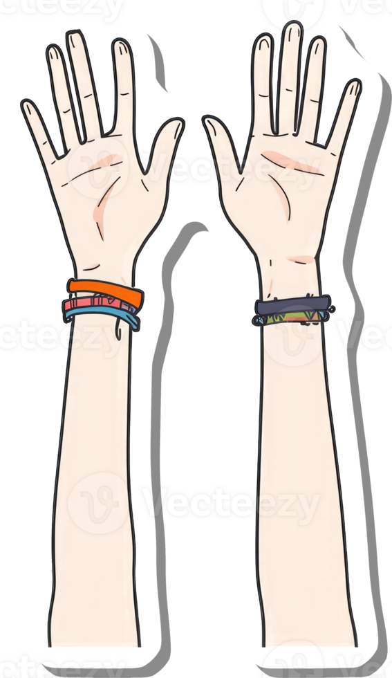 Two hands raised high wearing colorful bracelets png