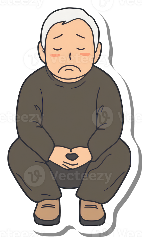 Elderly man sits sadly with hands clasped together png