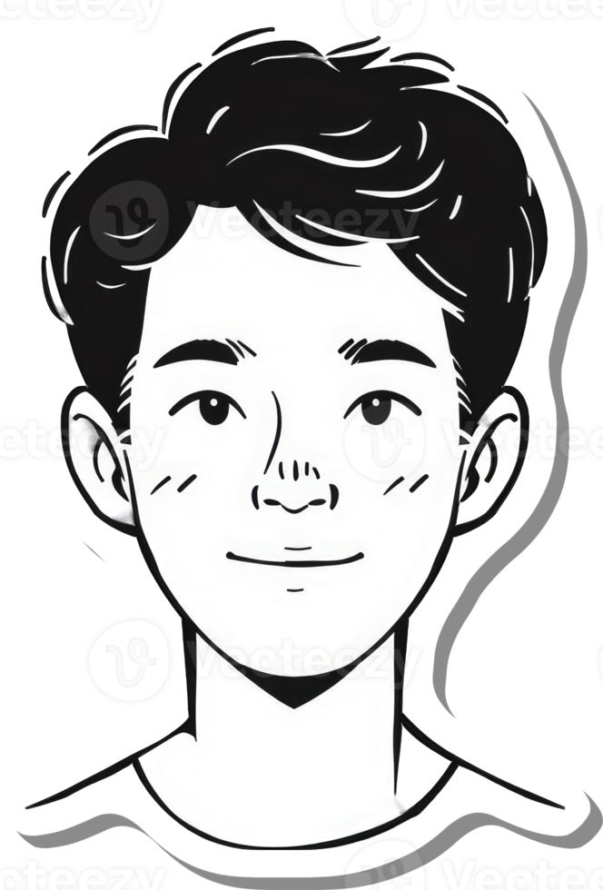 A stylized black and white illustration of a young man png