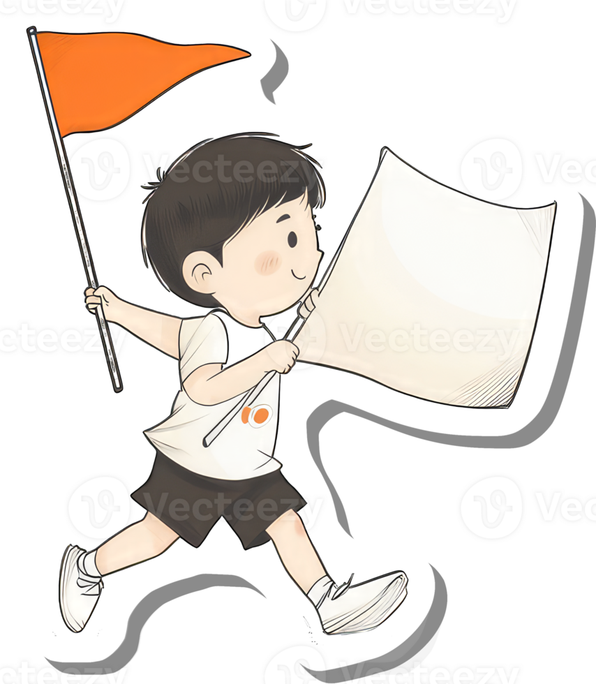 A cheerful boy runs carrying a flag and a blank sign png