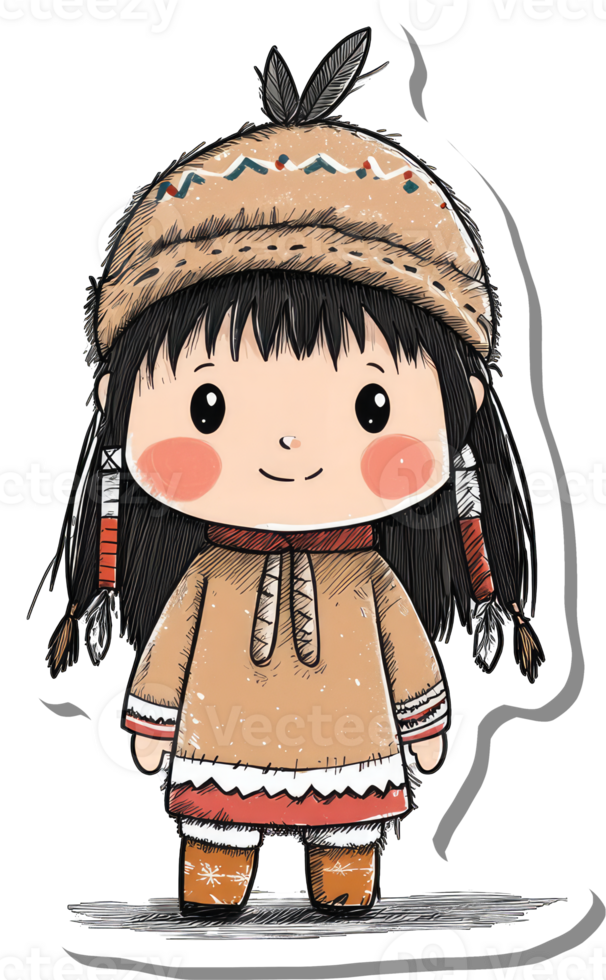 Adorable Cartoon Girl Wearing Native American Attire png