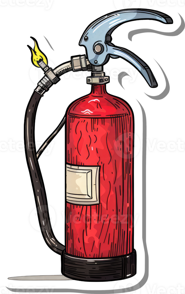 A red fire extinguisher with a flame and handle png