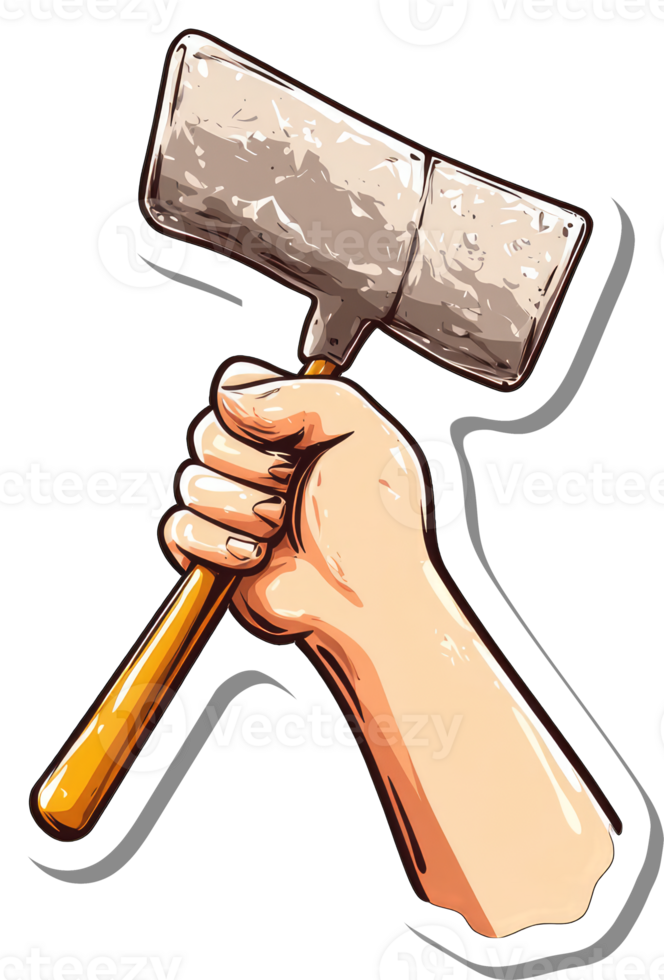 A hand firmly grips a large wooden mallet png
