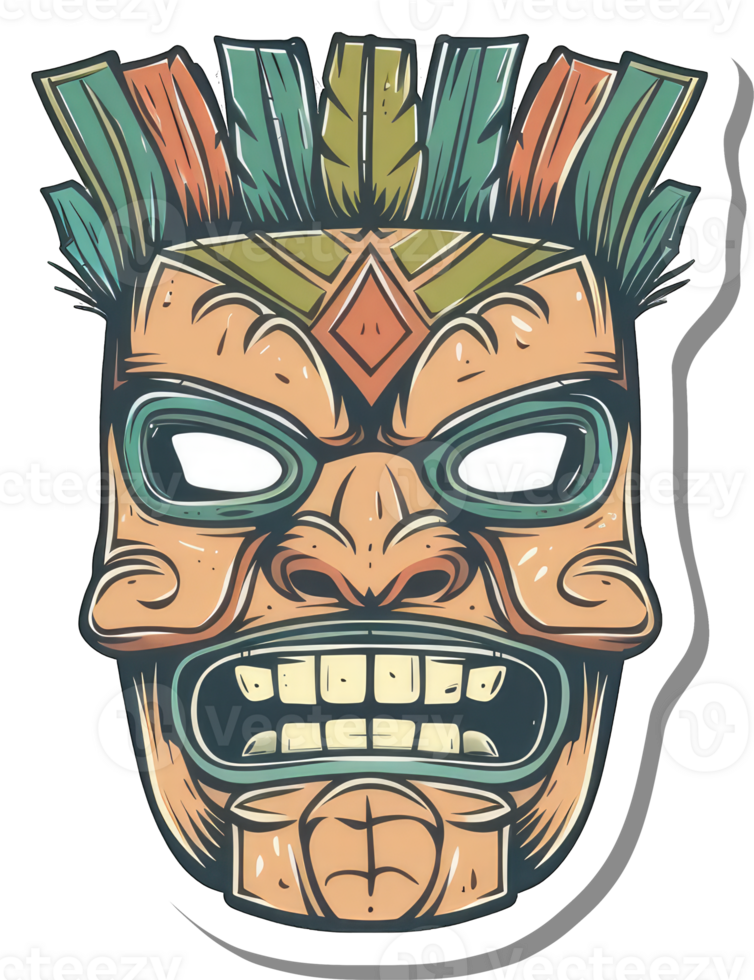 Stylized Tiki Mask with Aggressive Expression and Colorful Headpiece png