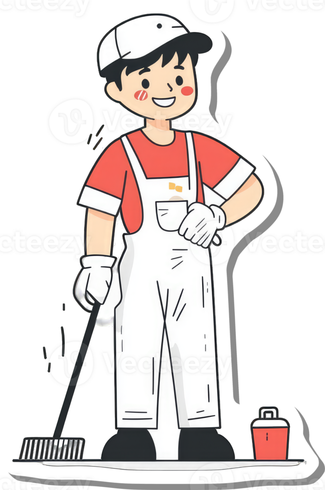Happy Janitor Cleaning With Broom And Bucket png