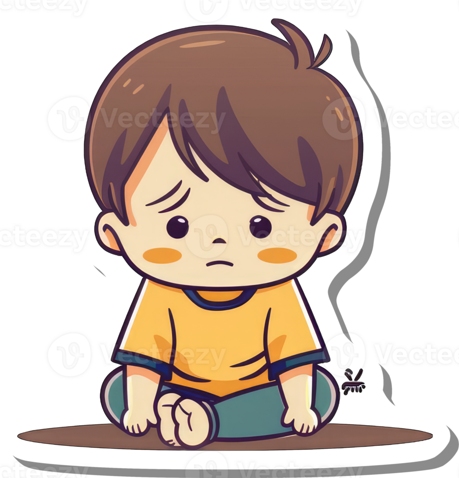 Sad Young Boy Sitting Ground Cartoon Illustration png