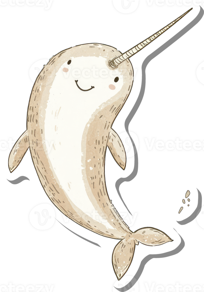 Adorable Cartoon Narwhal with a Long Tusk Swims Happily png