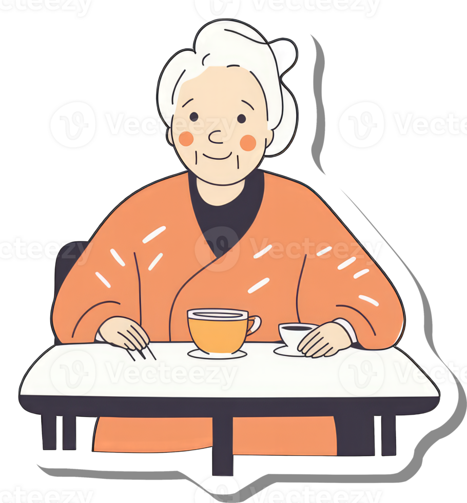 Elderly Woman Enjoying Tea at a Table png