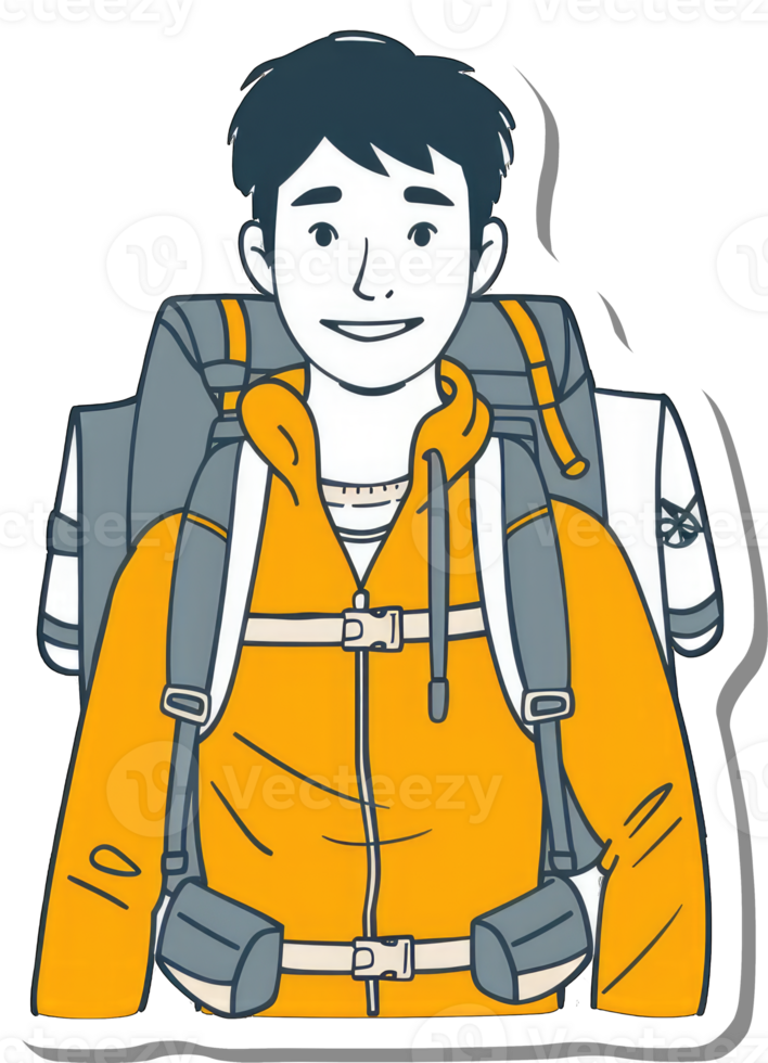 Young Man Backpacker Wearing Orange Jacket png
