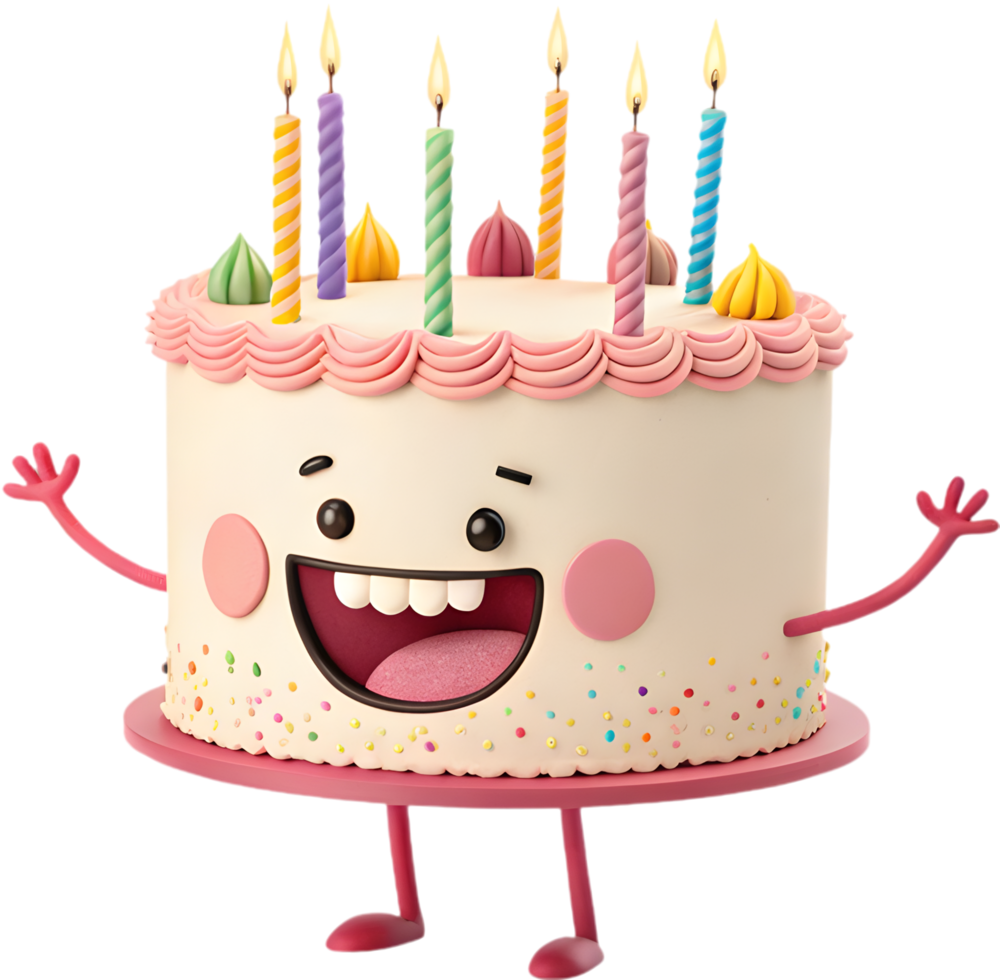 Playful cake cartoon clipart for event and celebration design with happy pose. . png