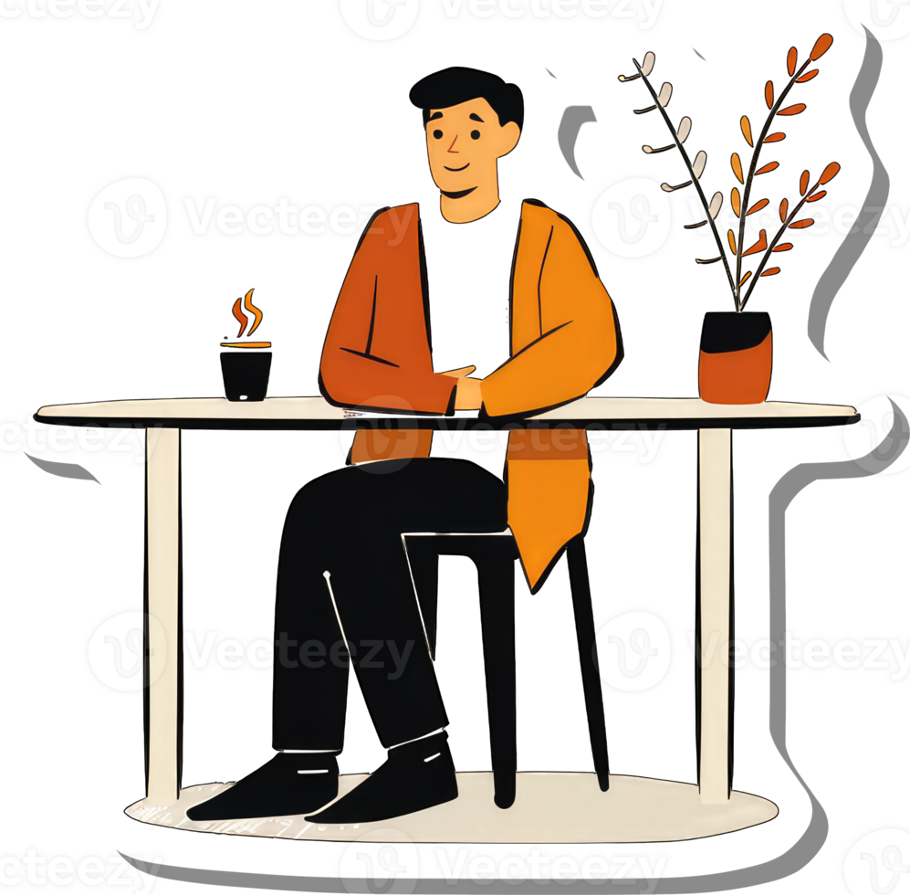 Man Sitting at Table Enjoying Coffee and Plant png