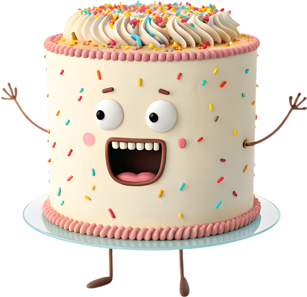 Cute cake cartoon clipart for celebration with happy pose and sweet design. . png