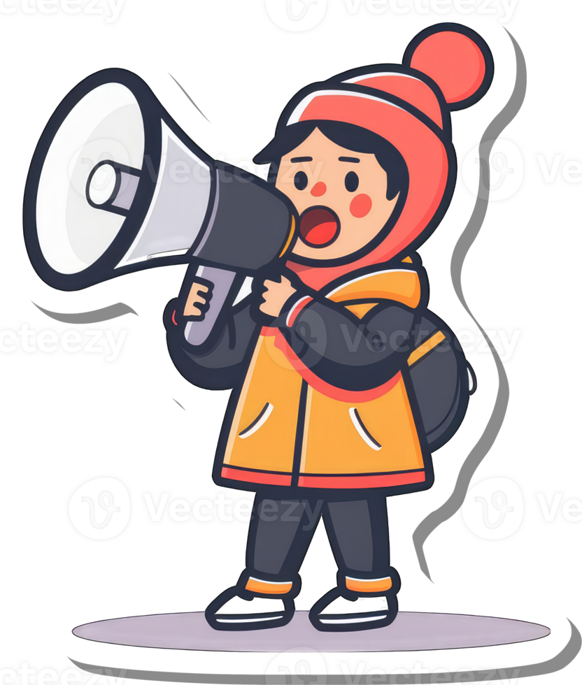 A Cartoon Child Wearing Winter Clothes Uses A Megaphone png