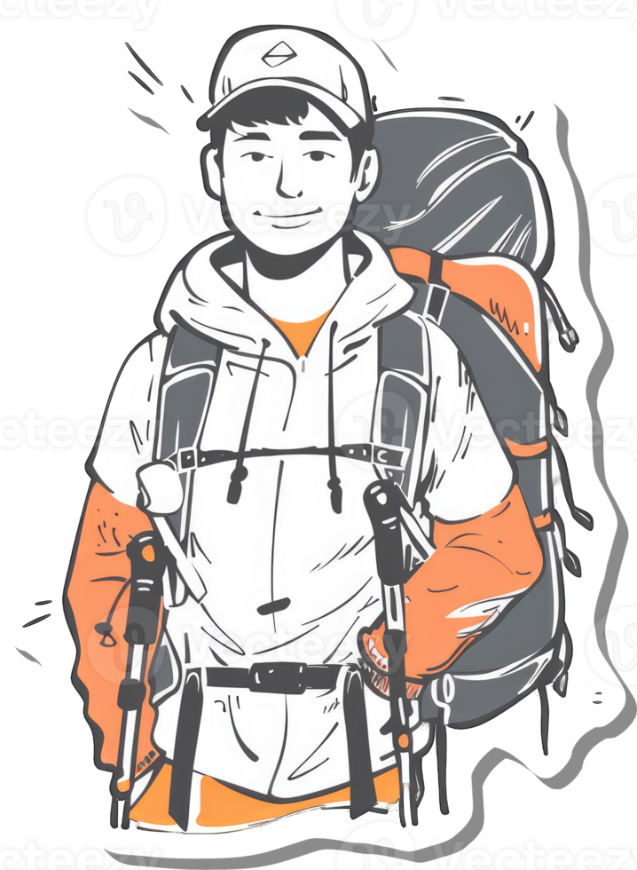 A Young Man Hiking With Backpack And Trekking Poles png