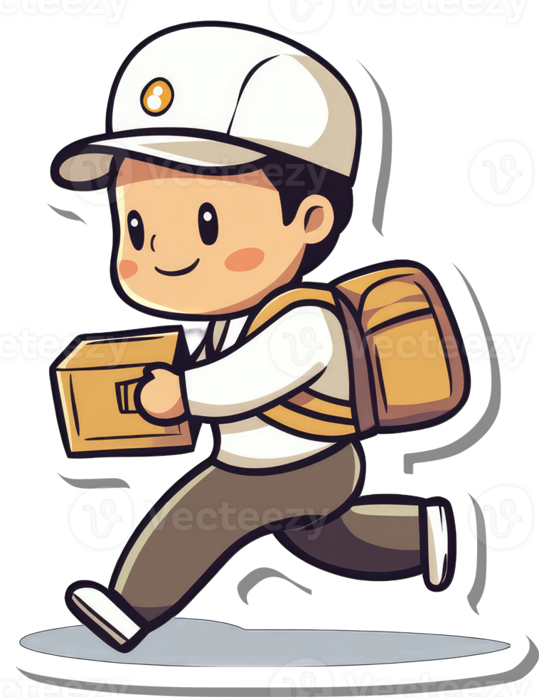 A cheerful delivery boy runs carrying a package png