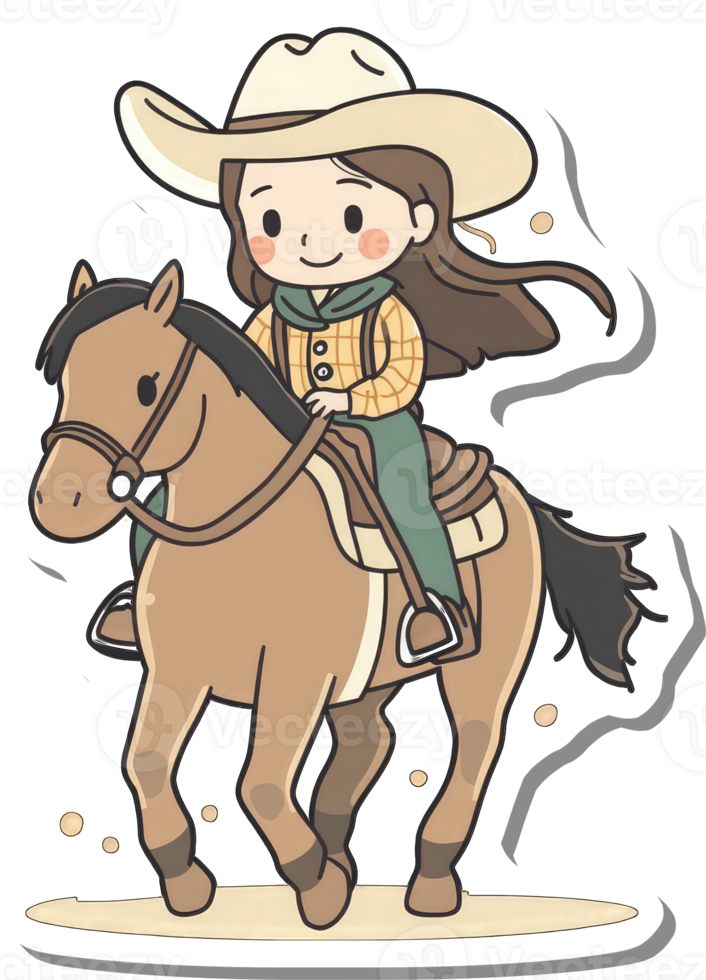 A Cute Girl Rides a Brown Horse Wearing a Cowboy Hat png