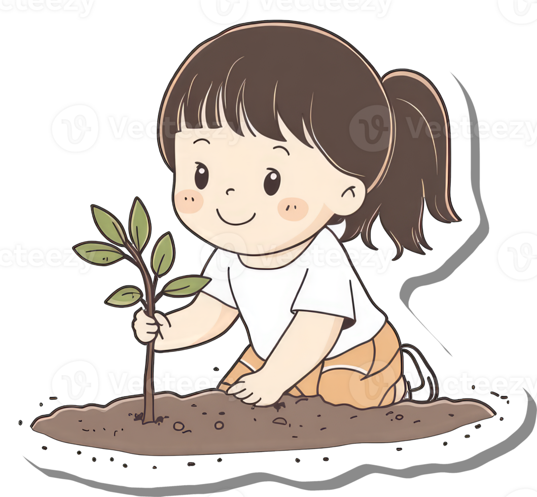 A Little Girl Plants A Small Tree Sapling png