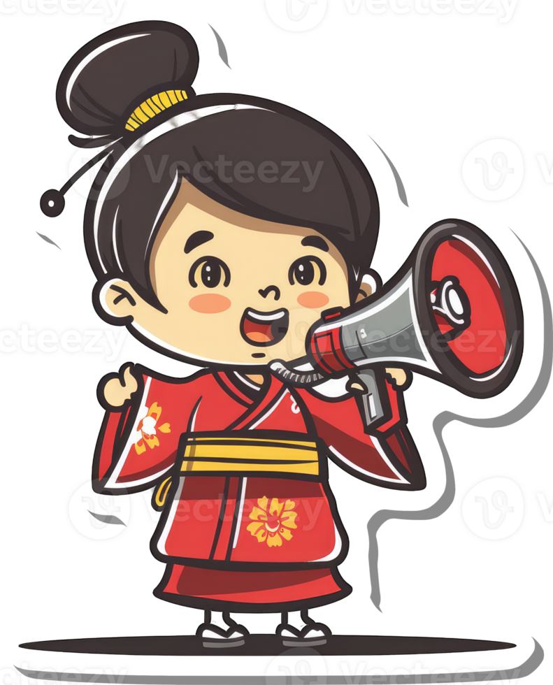 A Cute Girl in Red Kimono Using a Megaphone png