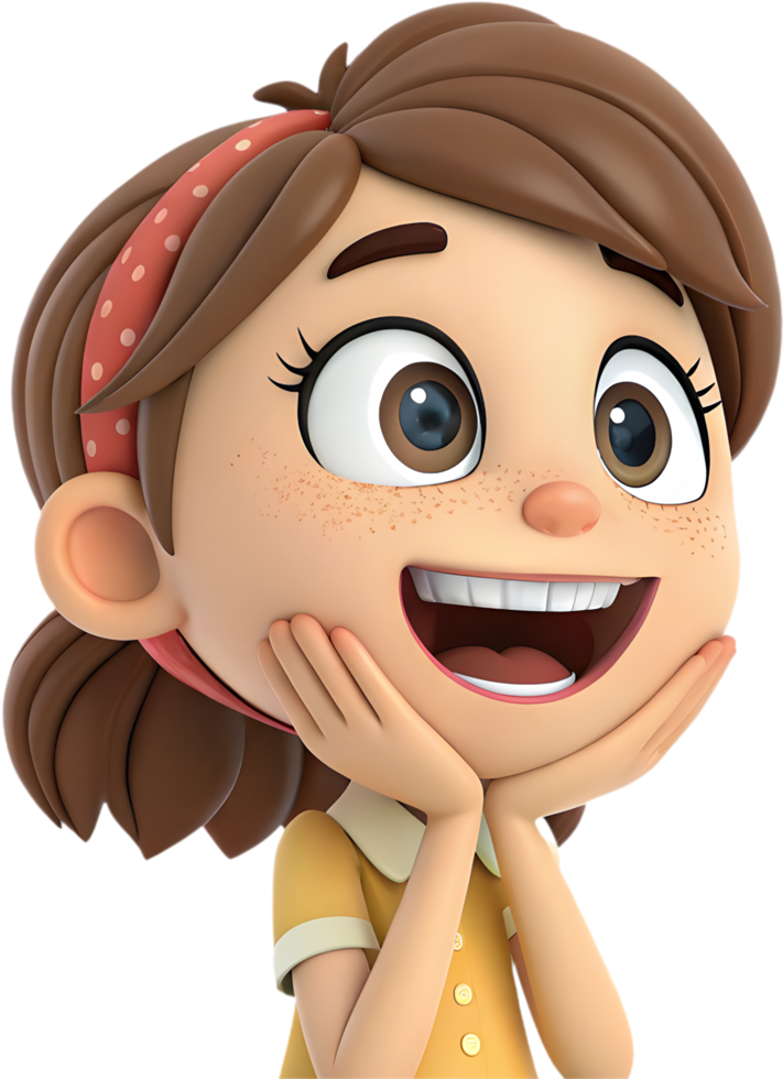 Lively cute girl with animated expressions and over-expressed emotions, . png
