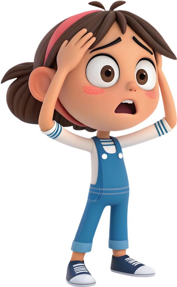 Cute girl expressing emotions in colorful and fun animated style, . png