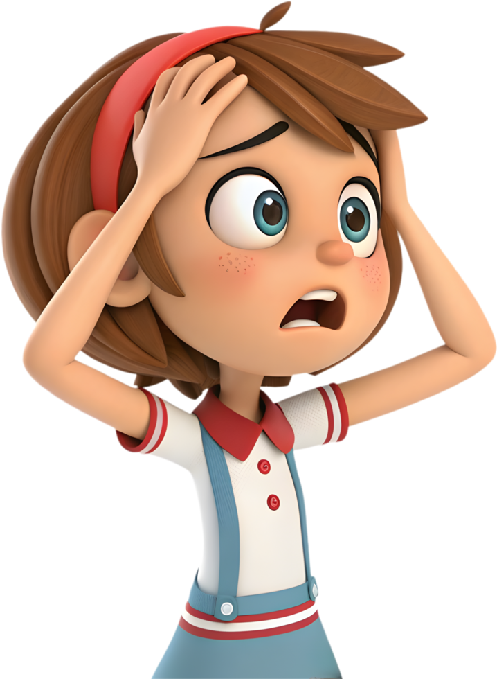 Animated cute girl with dynamic expressions in a colorful design, . png