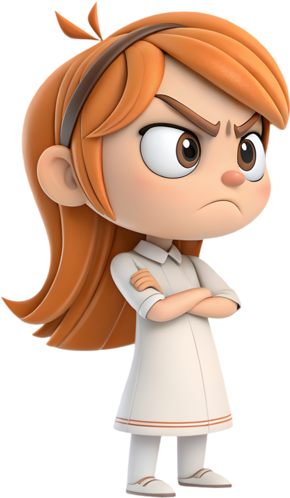 Adorable girl showing vibrant emotions in cartoon-style design, . png