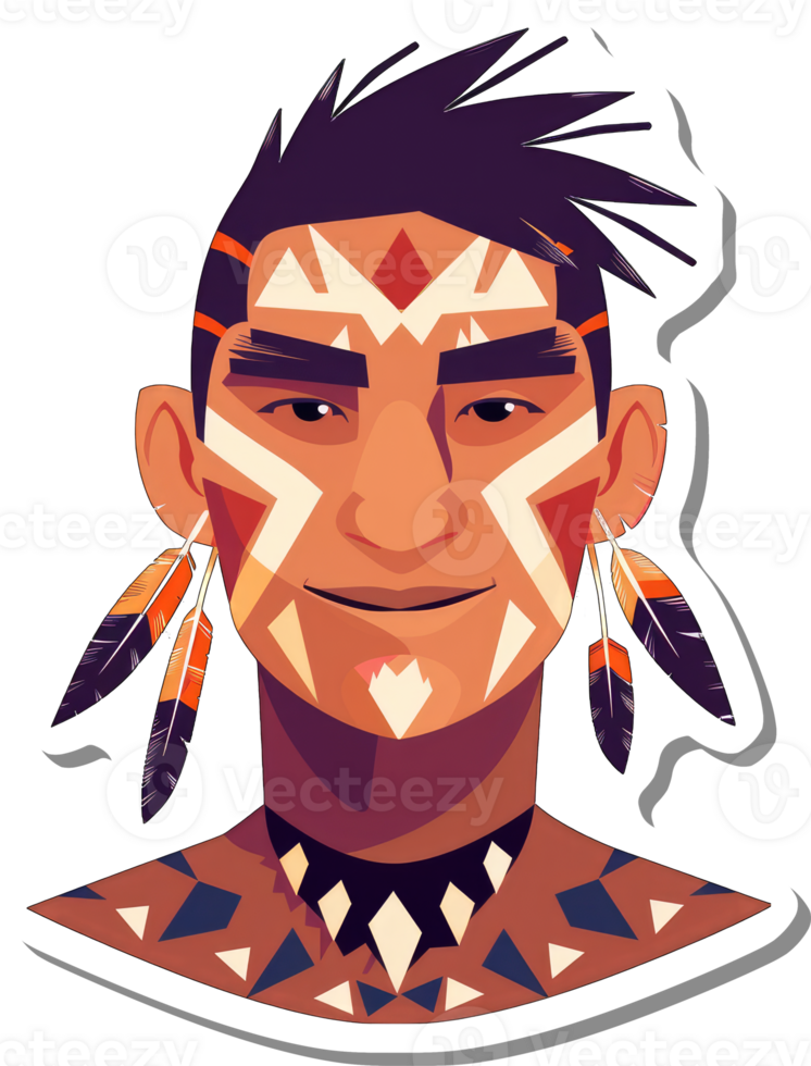 Indigenous Male Portrait with Tribal Face Paint and Feathers png