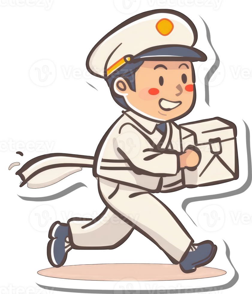 A cheerful postman runs delivering a package png