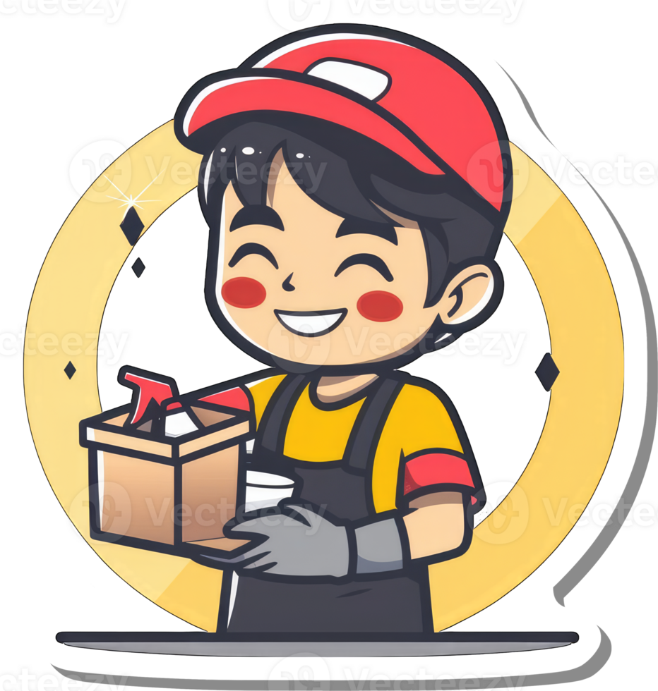Happy Delivery Boy Holding Package and Drink png