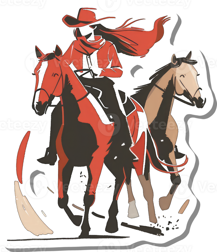 Cowgirl Riding Two Horses Across Plains png