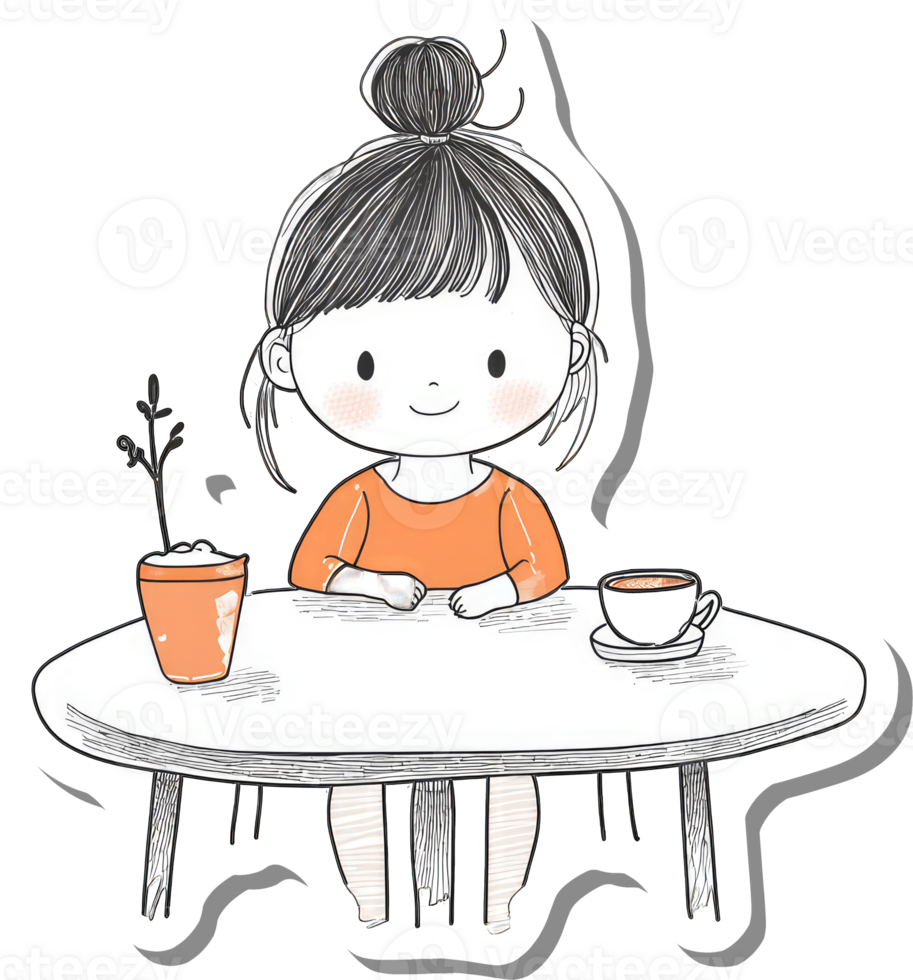 Girl enjoys coffee and a plant at a small table png