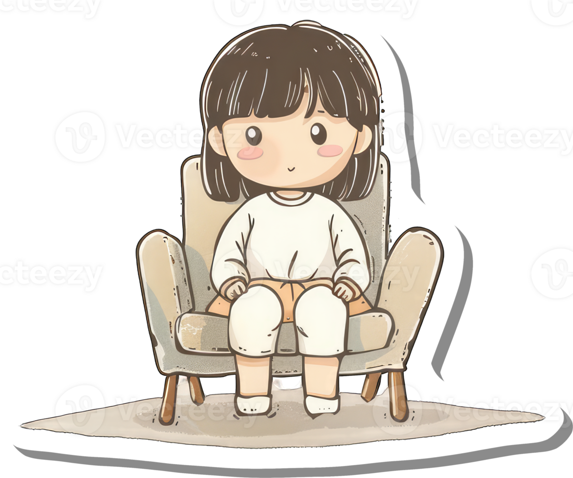 A cute girl sits calmly in a comfy armchair png
