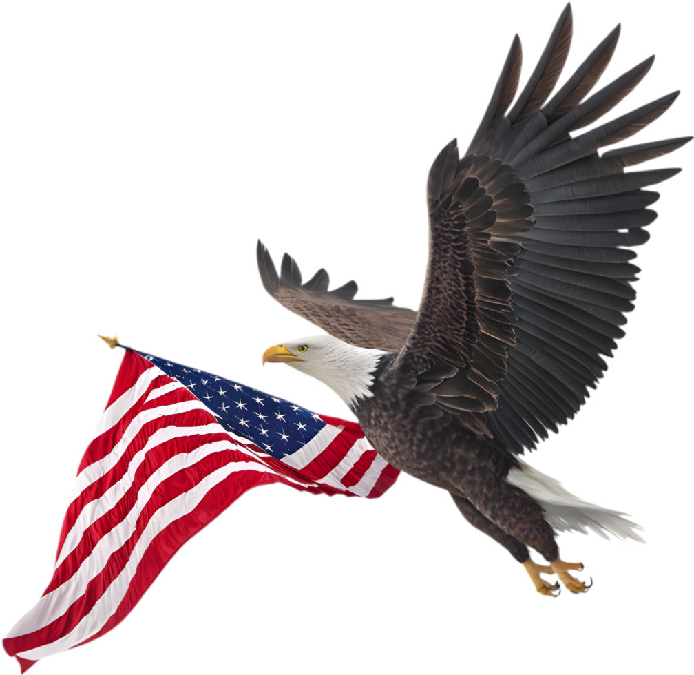 Patriotic bald eagle soaring across the sky for a national logo. . png