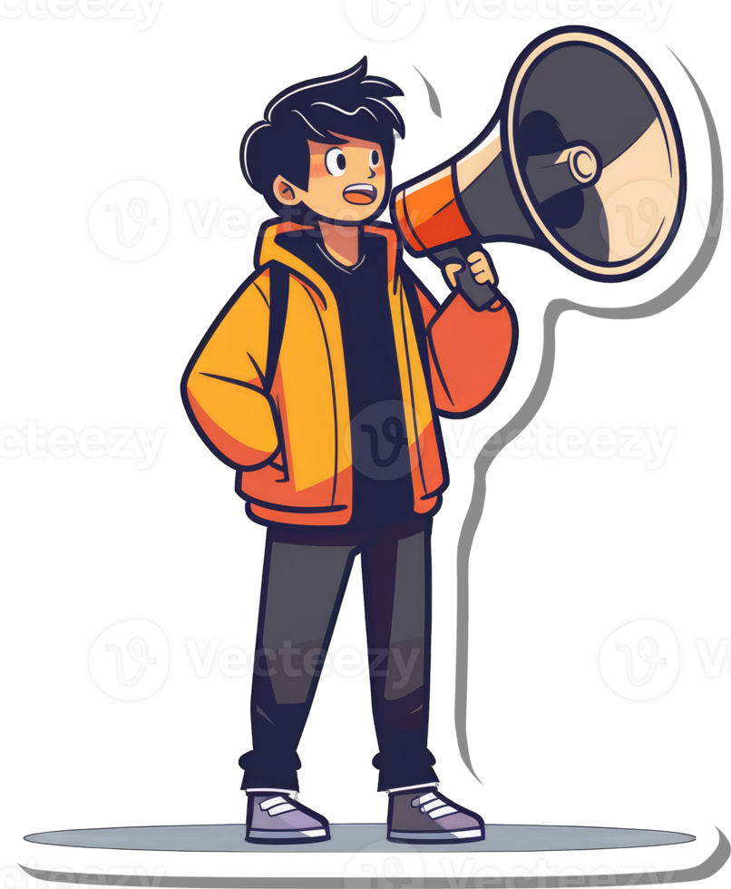 Boy Announcing with a Megaphone Wearing an Orange Jacket png