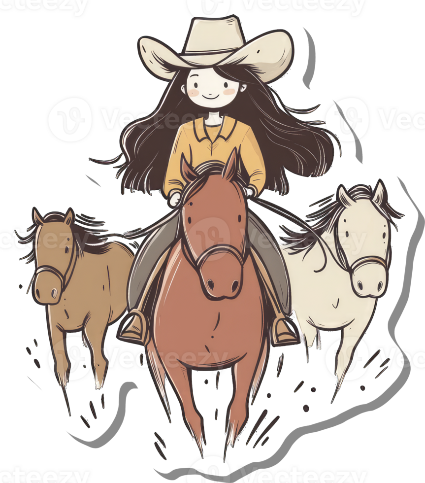 Cowgirl Riding Horse With Two Ponies Galloping png