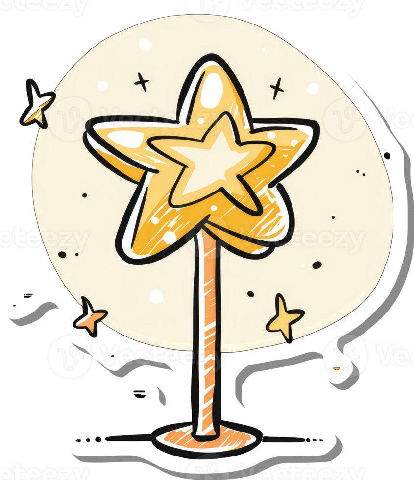 A whimsical illustration of a golden star on a stick png