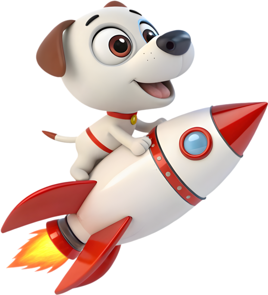 Cartoon puppy astronaut with a rocket flying through space. . png