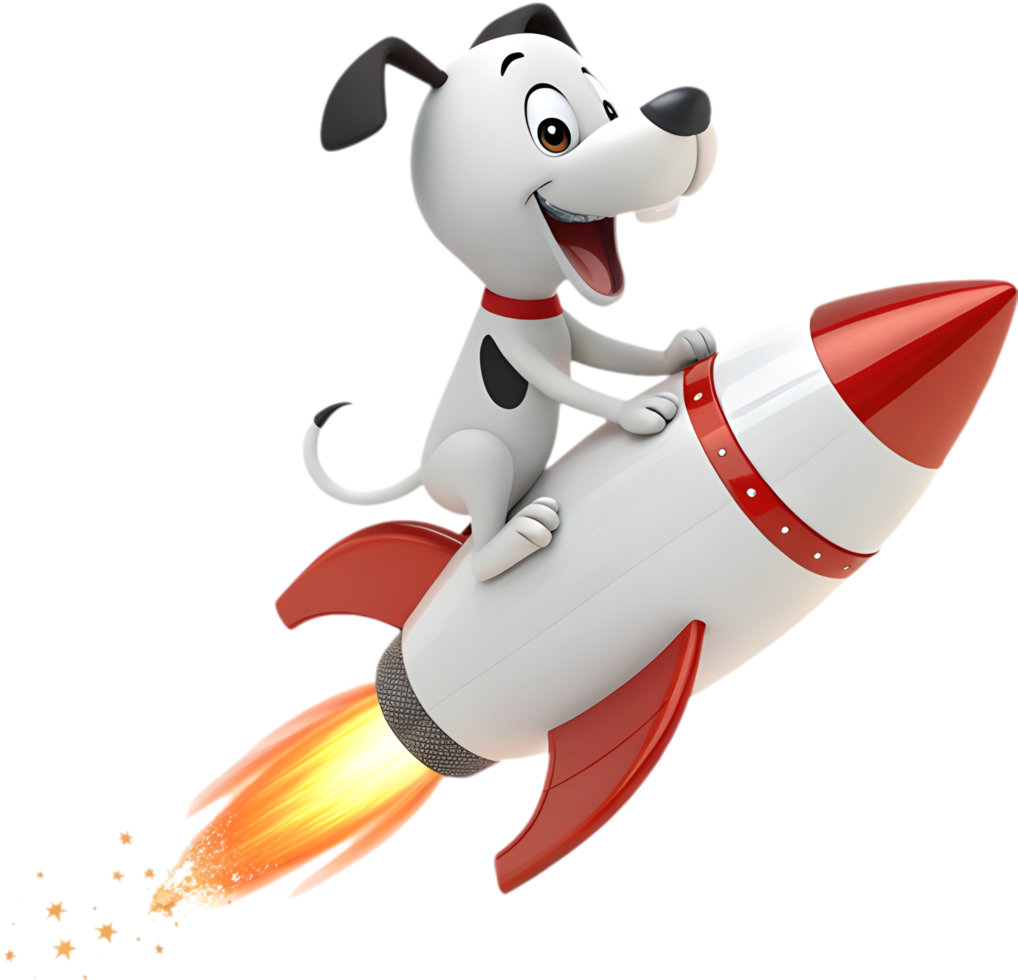 Fun cartoon puppy rocket soaring in a cosmic space journey. . png