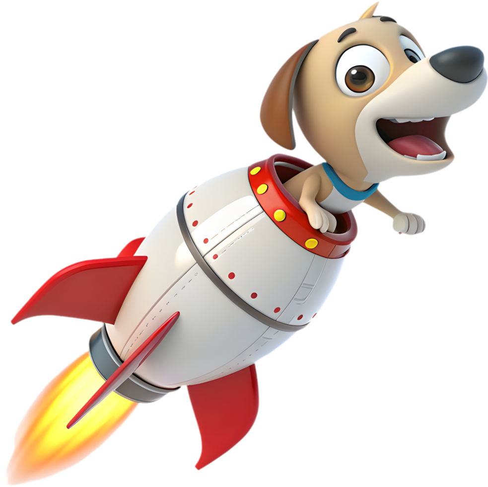 Cartoon rocket puppy with playful space suit flying through space. . png