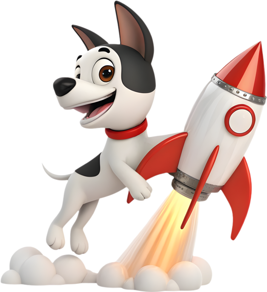 Animated cartoon puppy astronaut flying in a rocket through space. . png